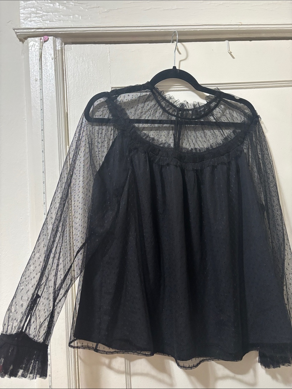 Jcrew Black Sheer Dot Mesh Blouse with Ruffle Neckline